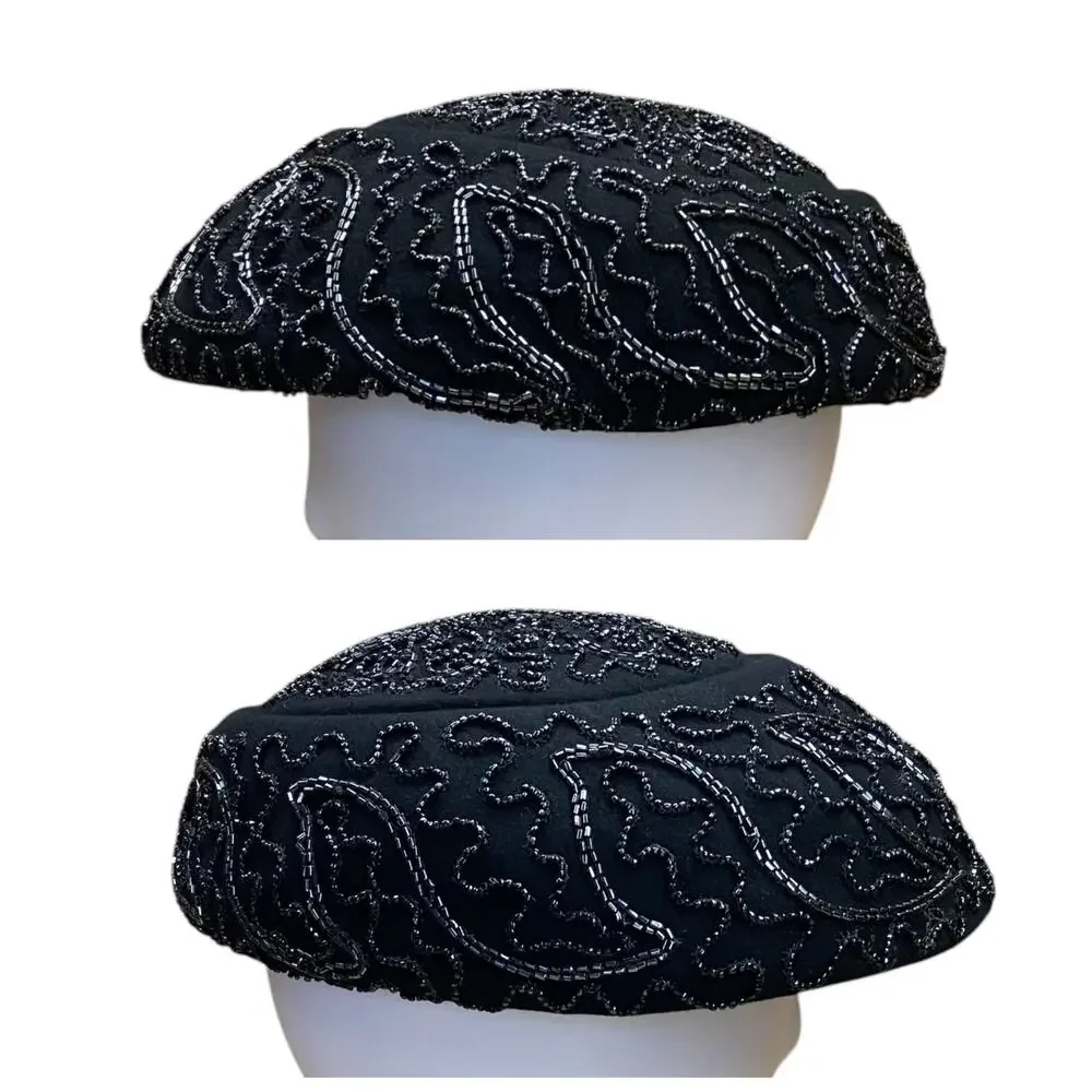 1940s Black Beaded Calot Hat Pinehurst Fifth Ave Cocktail Hat - Picture 3 of 9